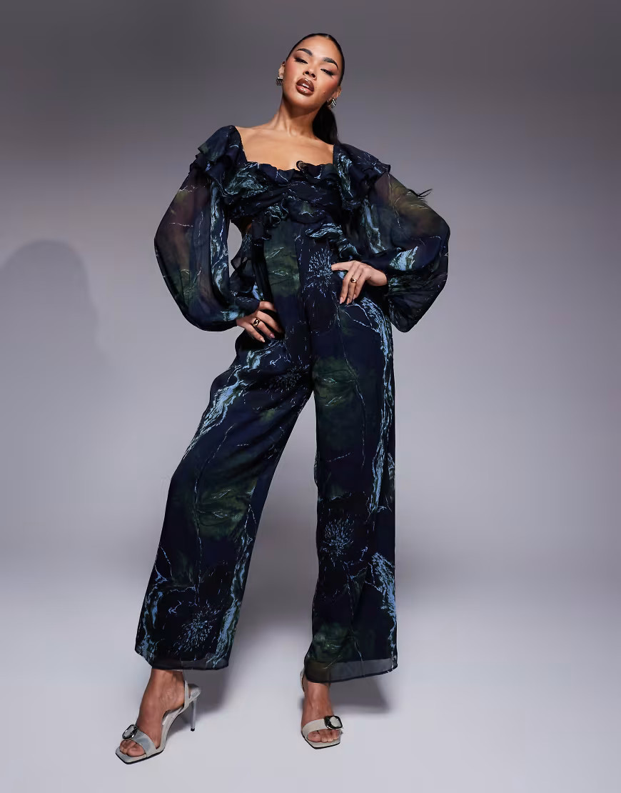 ASOS DESIGN long sleeve ruffle off shoulder jumpsuit in blurred floral print-Multi | ASOS (Global)