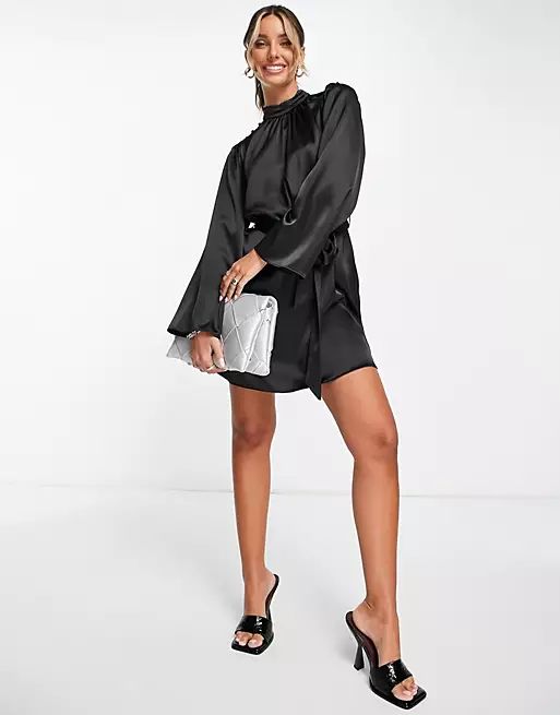 River Island fluted sleeve satin mini dress in black | ASOS (Global)