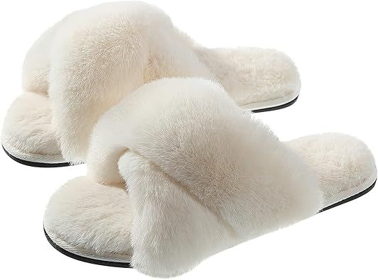 House Slippers for Women, Soft Plush Fuzzy Cozy Open Toe Slippers Fluffy Furry Memory Foam Cross ... | Amazon (US)