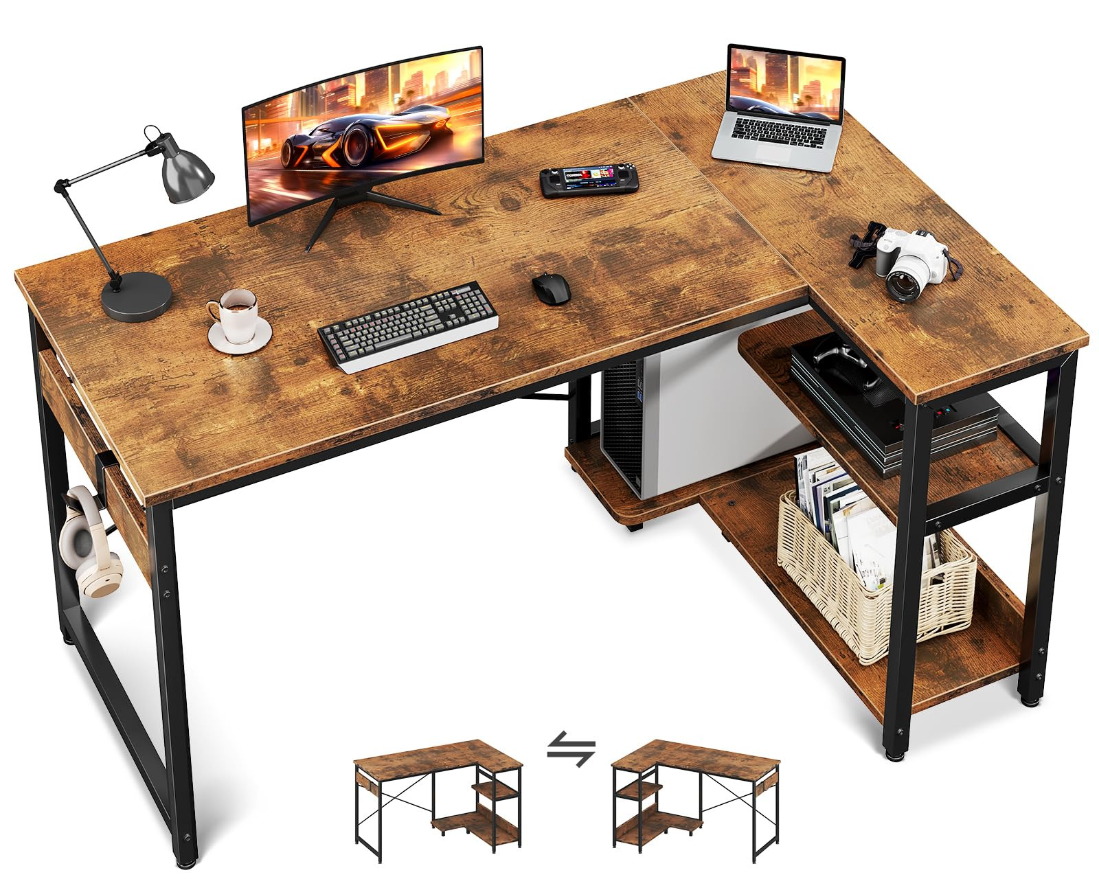 Casaottima L Shaped Computer Desk, 48 Inch Small Corner Desk with Storage Shelves & PC Stand, Rev... | Amazon (US)