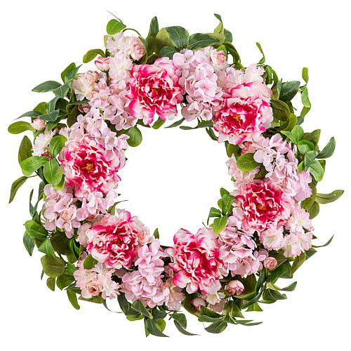 Glitzhome 24""D Pink Hydrangea, Peony & Cherry Wreath | HSN