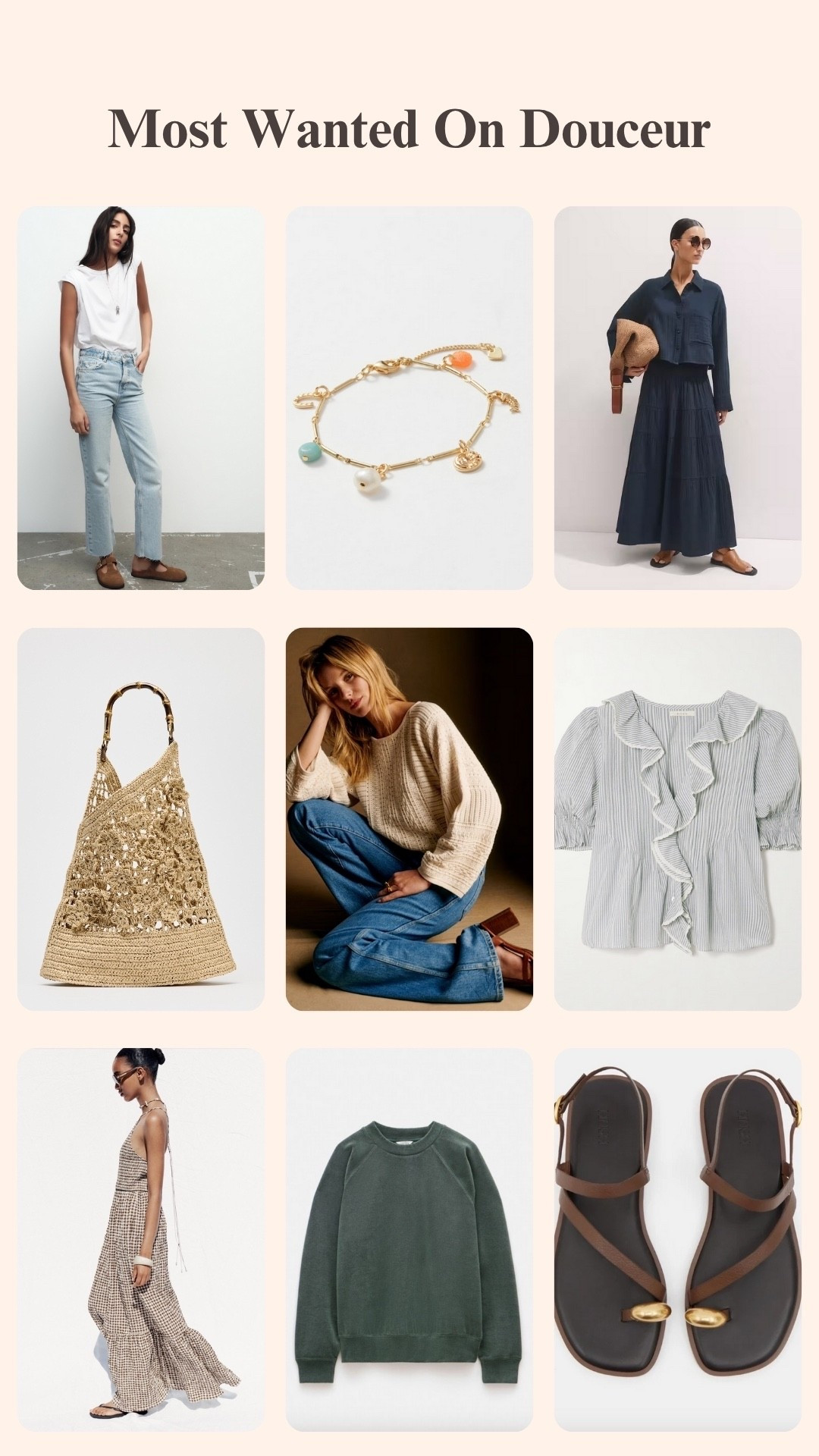 Most Wanted on Douceur this week ❤️

Summer Outfits, 
Summer Style, 
Spring Outfits,
Spring Style, 
Maxi Dress,
Blue Jeans, 
Ruffle Top, 
Sandals, 
Towelling Sweatshirt,
Charm Bracelet, 
Tote Bag,
Lace Trimmed Top,
Straight Jeans,
Shoulder Bag 

#LTKsummer #LTKeurope #LTKuk