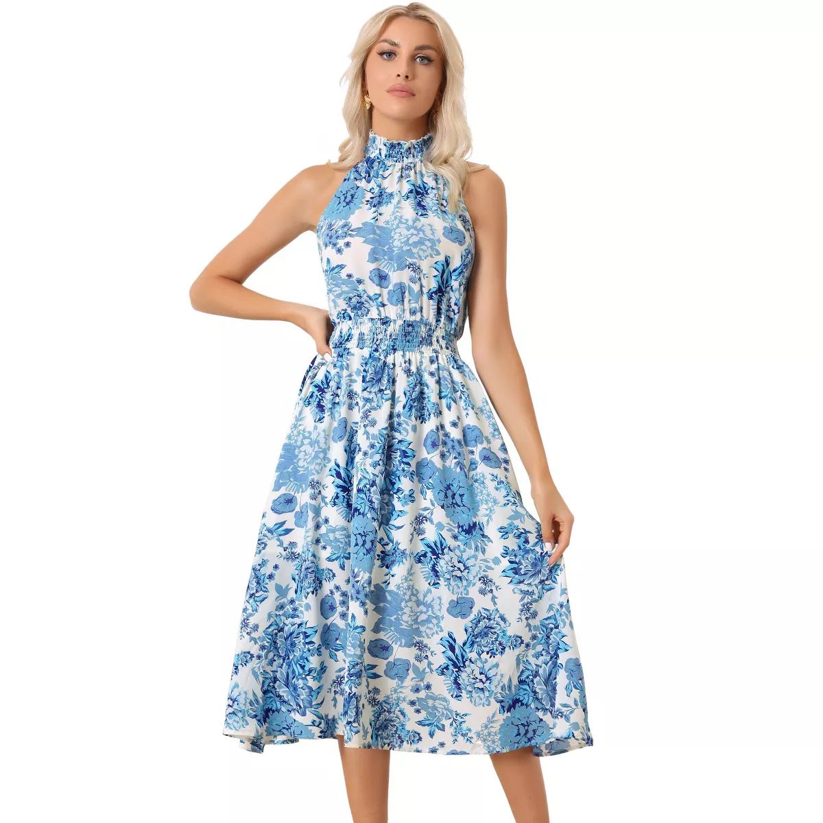 Allegra K Women's Boho Summer Halter Neck Sleeveless Casual Floral Print Midi Sundress Blue Small | Target