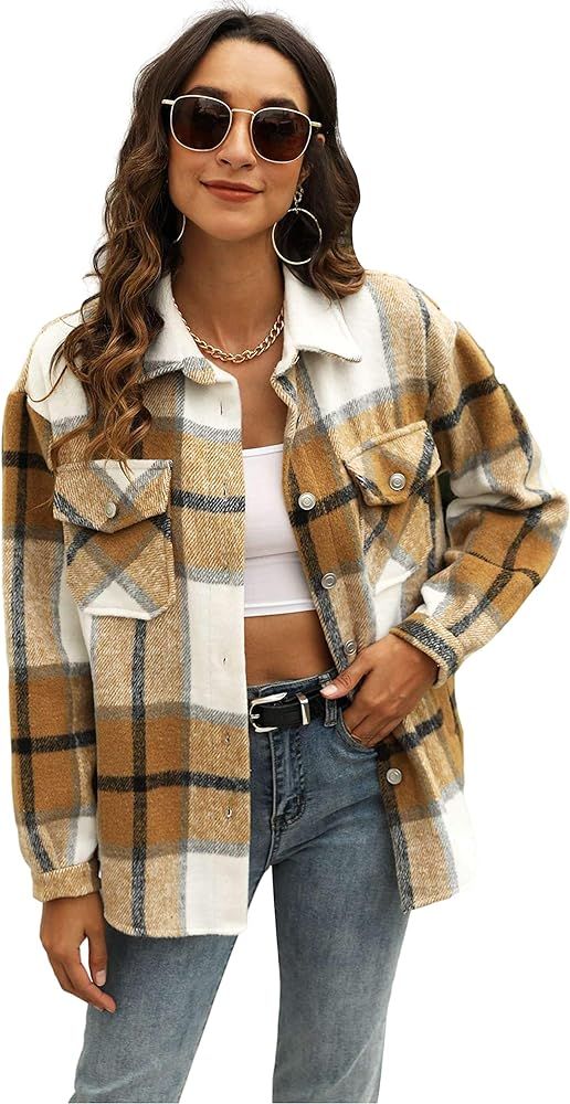 Amazon.com: UANEO Womens Casual Plaid Wool Blend Button Down Long Sleeve Shirt Jacket Shackets（... | Amazon (US)