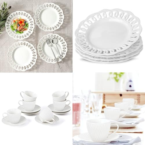 New Bone China Appetizer Plate with Scalloped Edge Lace Rim, Set of 4, & Coffee Tea Cup and Sauce... | Amazon (US)