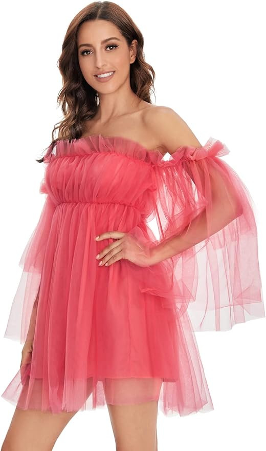 Romwe Women's Romantic Off Shoulder Flounce Long Sleeve Wedding Ruffle Mesh Party Mini Dress | Amazon (US)