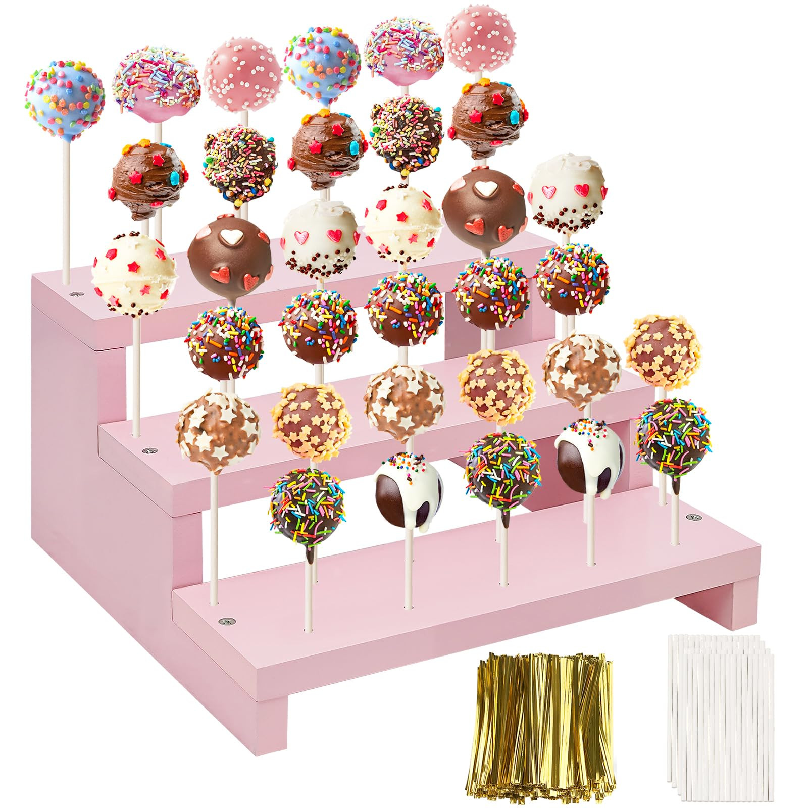 Wood Cake Pop Stands, 3 Tier Lollipop Holders with Twist Ties Lollipop Sticks, Sucker Display Ris... | Amazon (US)