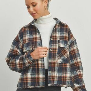 Navy Plaid Cropped Shacket - by Buttermelon - Navy Blue, Orange, Collared | Poshmark