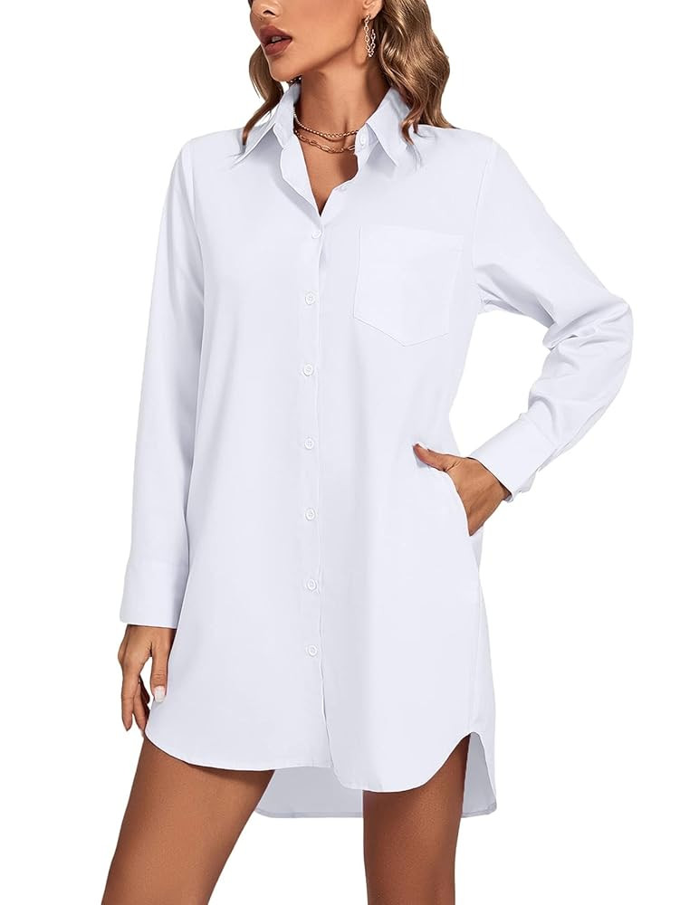 LYANER Women's Collar V Neck Button Down Long Sleeve Cruved Hem Shirt Dresses with Pockets | Amazon (US)