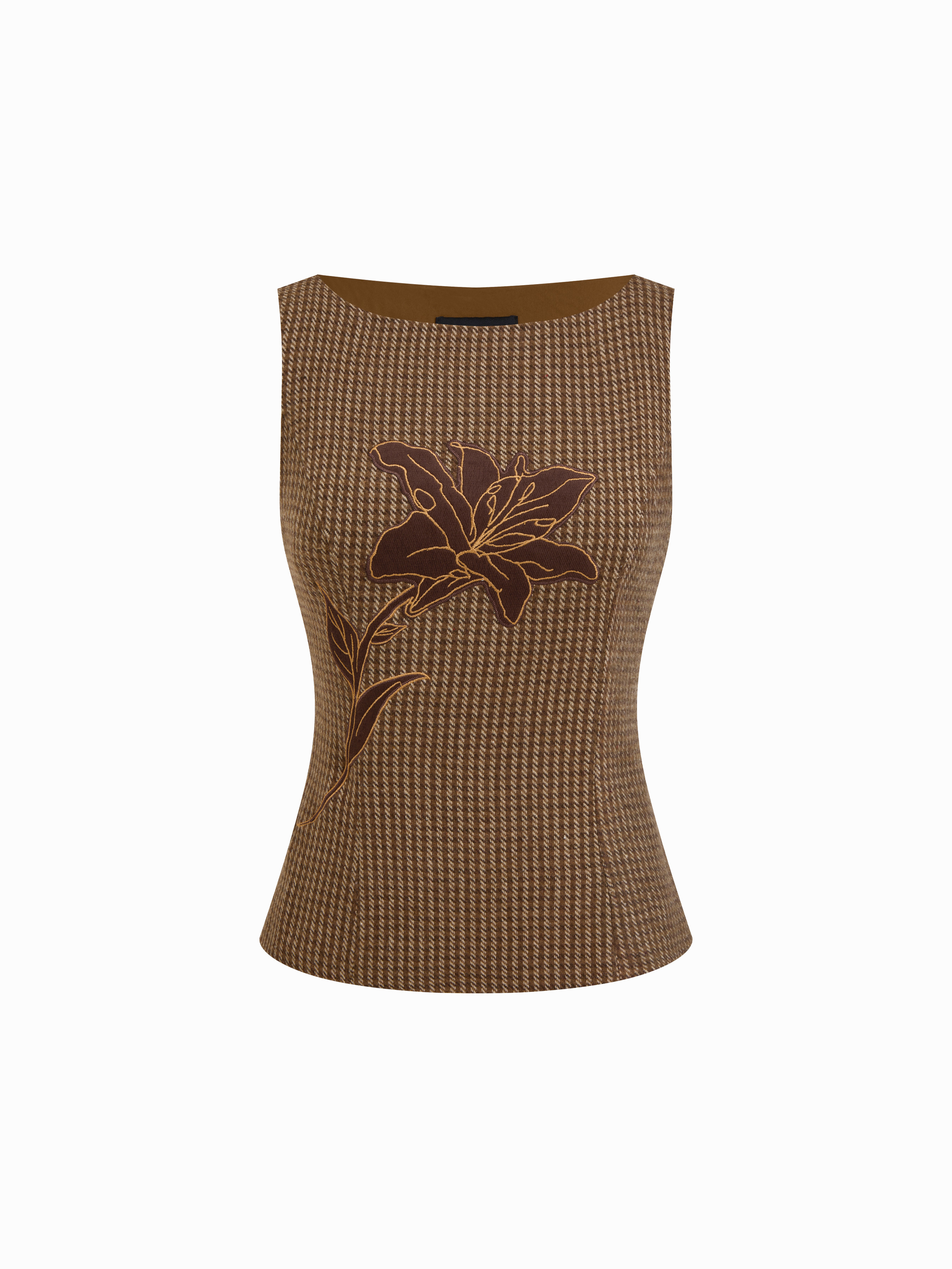 Tweed Tweed Floral Applique Check Boat Neck Top For Daily Casual | Cider