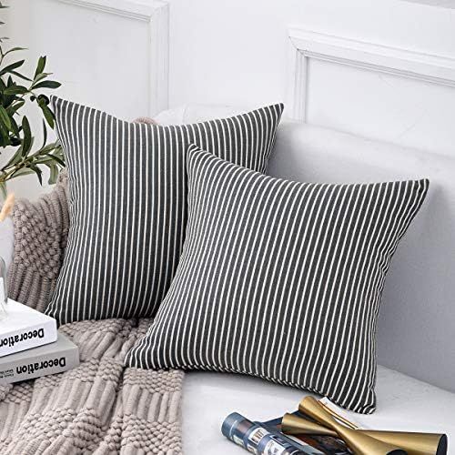 Jepeak Comfy Cotton Striped Throw Pillow Covers Cases, Pack of 2 Soft Decorative Square Ticking Cush | Amazon (US)