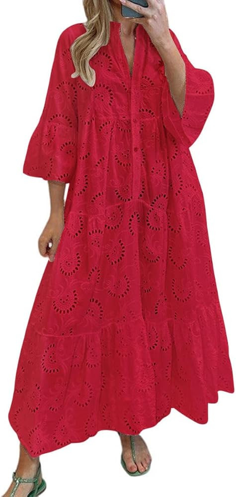 chouyatou Women's 2026 Lace Eyelet Embroidery Maxi Dress V-Neck Trumpet Sleeve Boho Flowy Swing D... | Amazon (US)