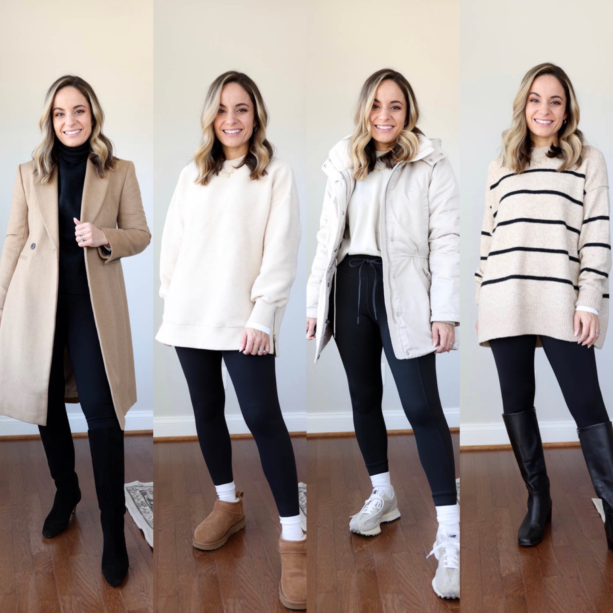 Petite friendly leggings! 

Details from left: 

First outfit/ 
Loft Ponte leggings: petite xxs - these are great for dressing up, soft cotton feel, thick and minimal seams. 
Coat: petite 00 
Sweater: xs 
Boots: tts 

Outfit 2: 
Aerie real me leggings: xs short - the most comfortable! These are lightweight, not see through, all around my favorite pair. 
Sweatshirt: xxs 

Outfit 3: 
Aerie warm up leggings: xs short - these are fleece lined and warm! They’re a jogger style with a drawstring waist and zipper pockets 
Sweatshirt: petite xs 
Coat: xxs 
Shoes: similar color linked 

Outfit 3: 
Aerie real luxe street leggings:  xs short - this pair is best for repelling lint and pet hair. They’re thick with some compression and they have a light sheen to them. 
Sweater: xxs 
Boots: tts 


#LTKSeasonal #LTKCyberWeek #LTKHoliday