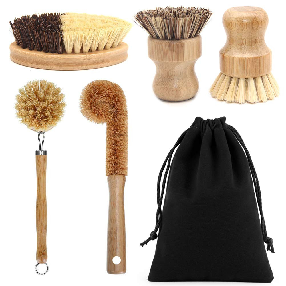 5 Pack Natural Bamboo Cleaning Brush Set, Pot Dish Scrub Brush with Handle and Flannel Bag Kitche... | Amazon (US)
