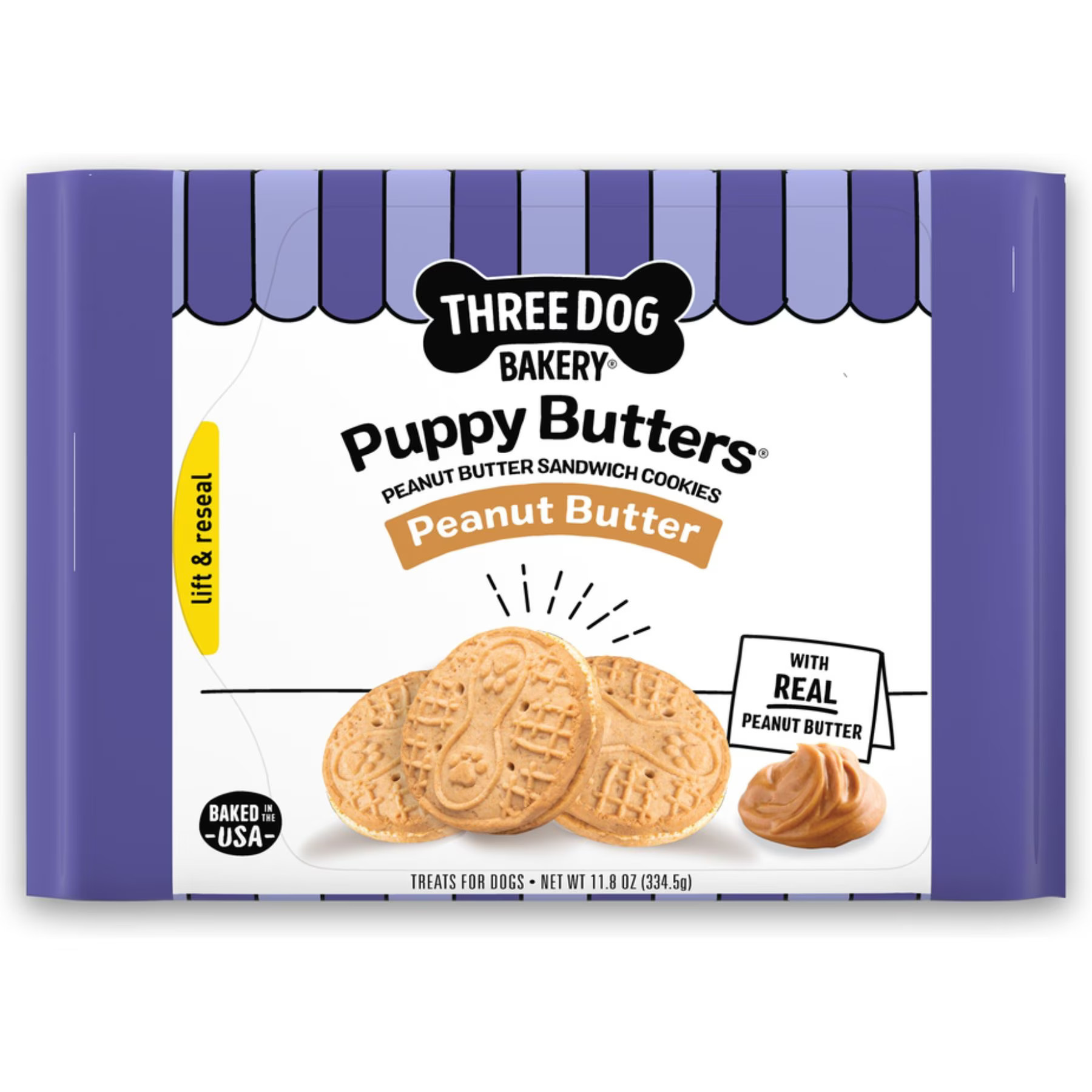 Three Dog Bakery Puppy Butters Peanut Butter Sandwich Cookie Dog Treats, 11.8-oz bag | Chewy