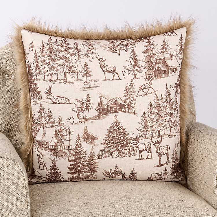 Brown Deer Toile Faux Fur Trim Pillow | Kirklands