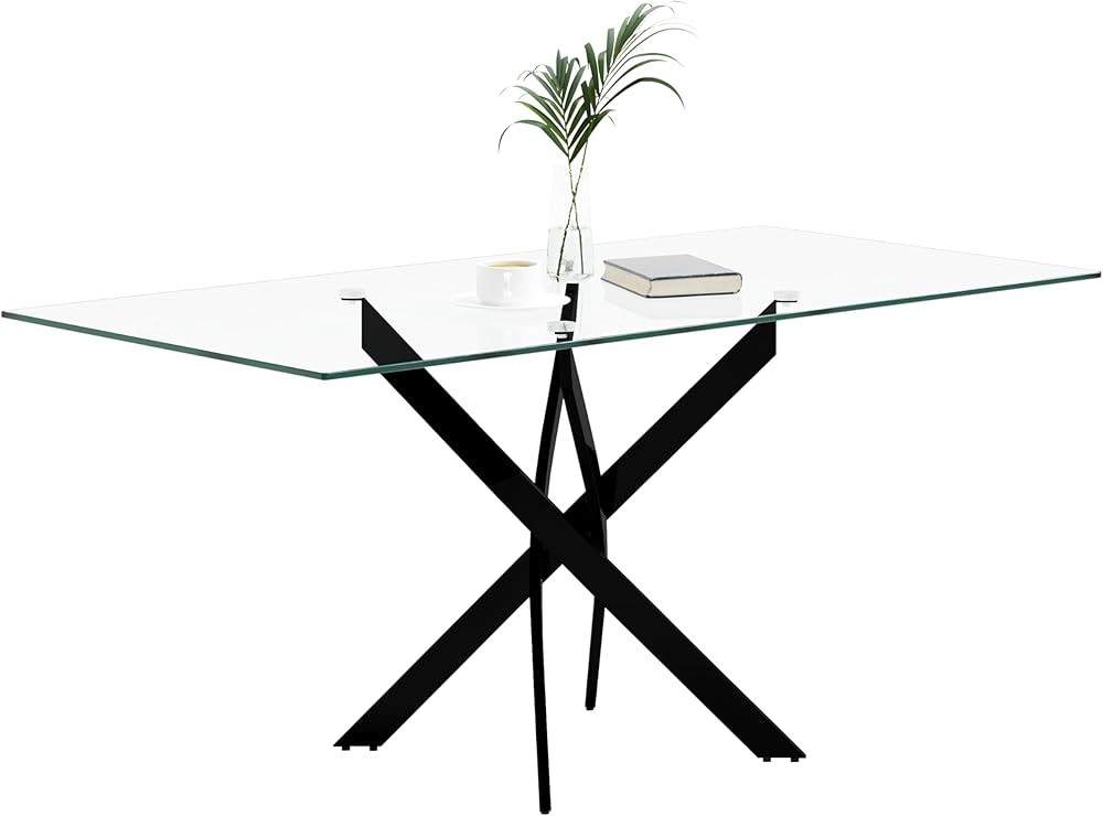 Tempered Glass Dining Table with Black Metal Legs, 47in Modern Rectangular Kitchen Table for Kitc... | Amazon (US)