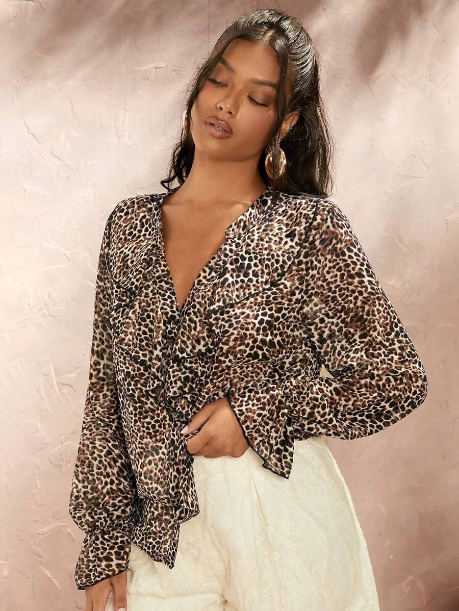 Opulessa Leisure Woven Leopard Print Ruffle Trim Women''s Blouse | SHEIN