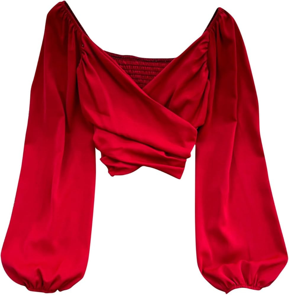 Womens Ruched Crop Tops Off Shoulder Lantern Long Sleeve Shirt Blouse V Neck Banquet Party Top Tr... | Amazon (US)