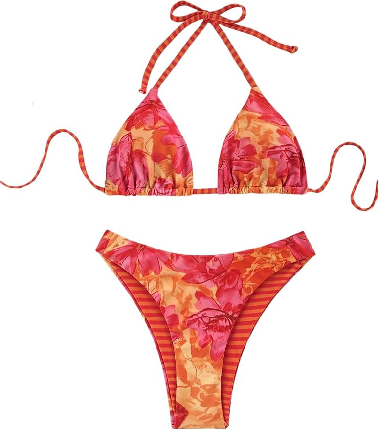 WDIRARA Women's 2 Piece Floral Halter Reversible Swimsuit String Bikini Sets Tie Backless Bathing... | Amazon (US)