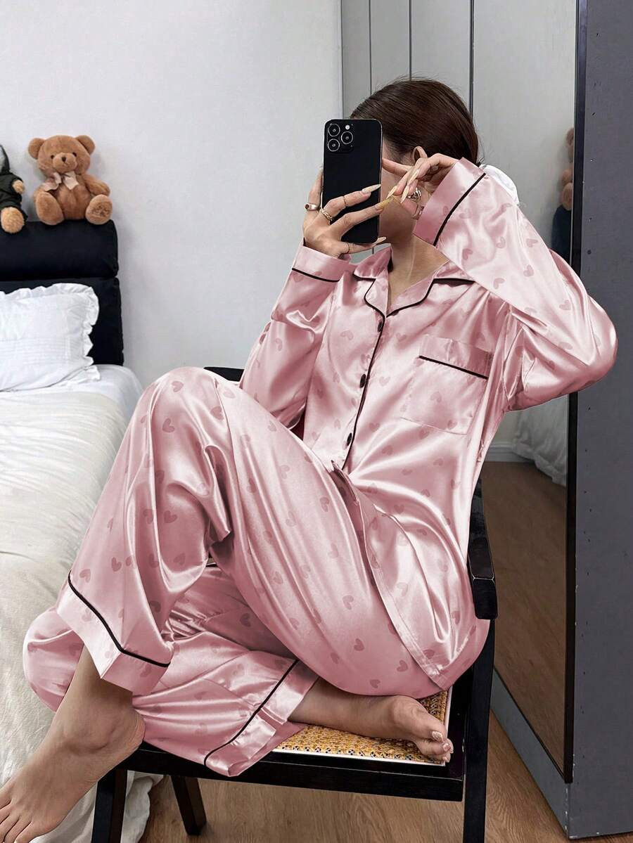 Dream Adore Faux Silk Heart Print Long Sleeve & Pants Pajama Set | SHEIN