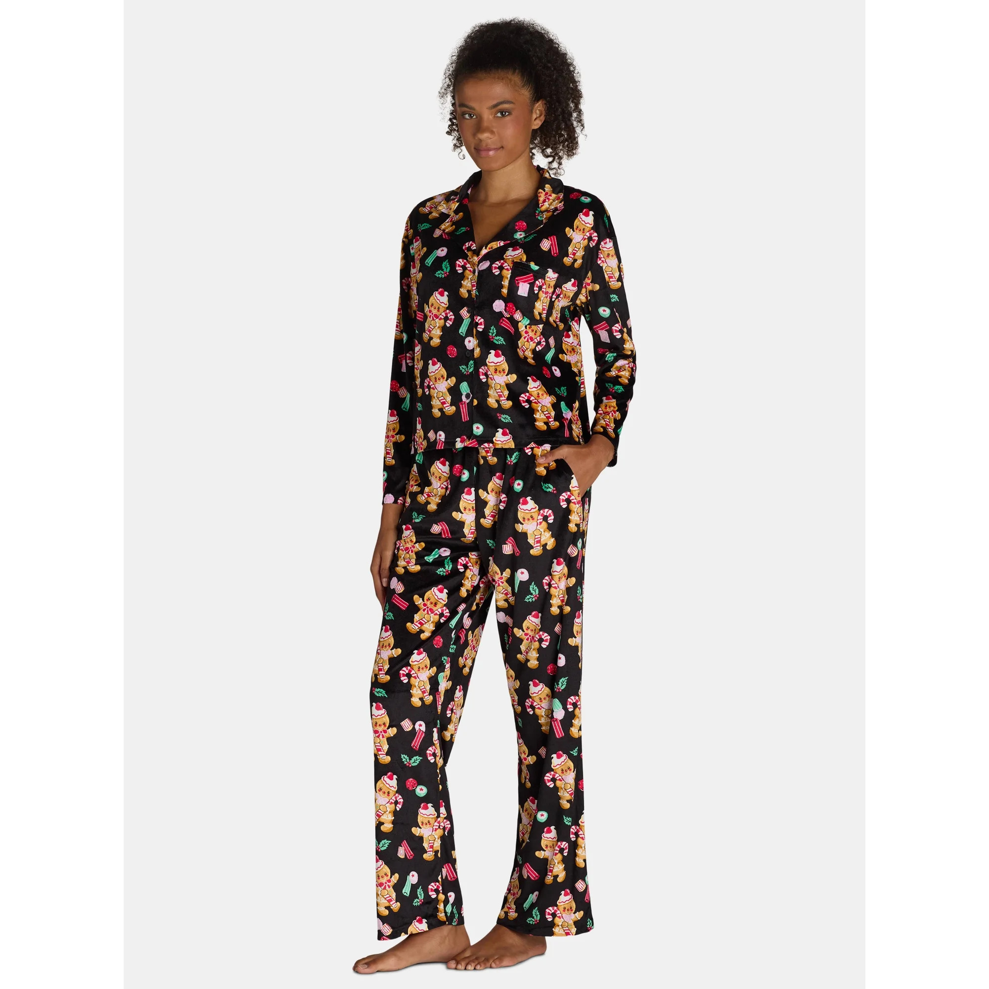 Holiday Time Women’s and Women’s Plus Velour Notch Collar Pajama Top and Pants Set, 2-Piece, ... | Walmart (US)