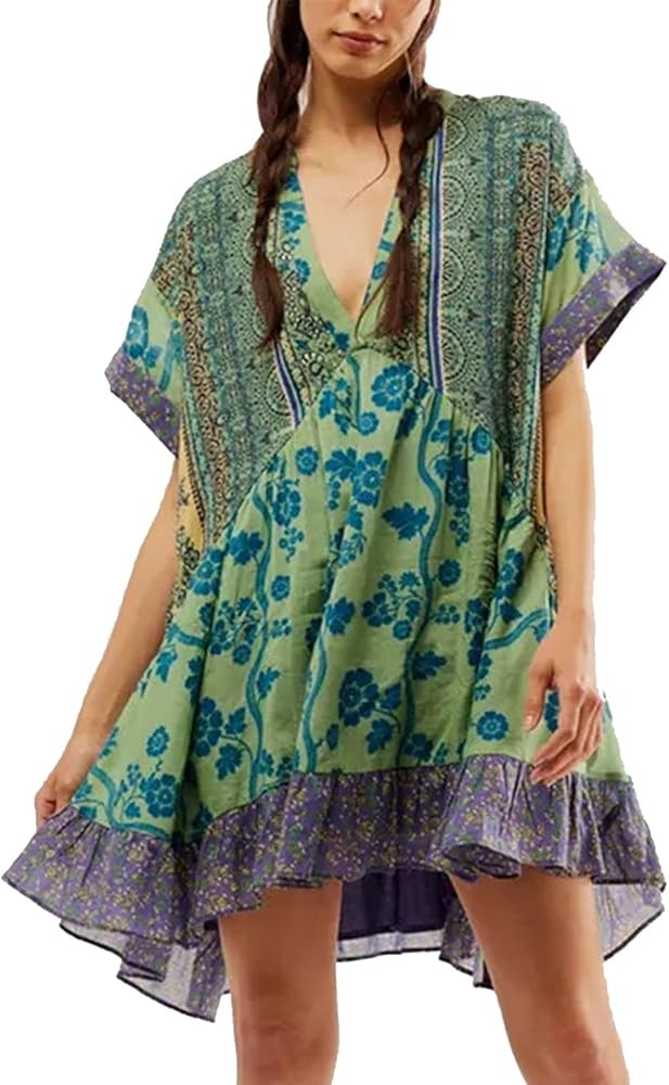 Women Boho Summer Dresses Y2K Babydoll Flowy Dress Ruffle Mini Dress Deep V-Neck Casual Floral Su... | Amazon (US)