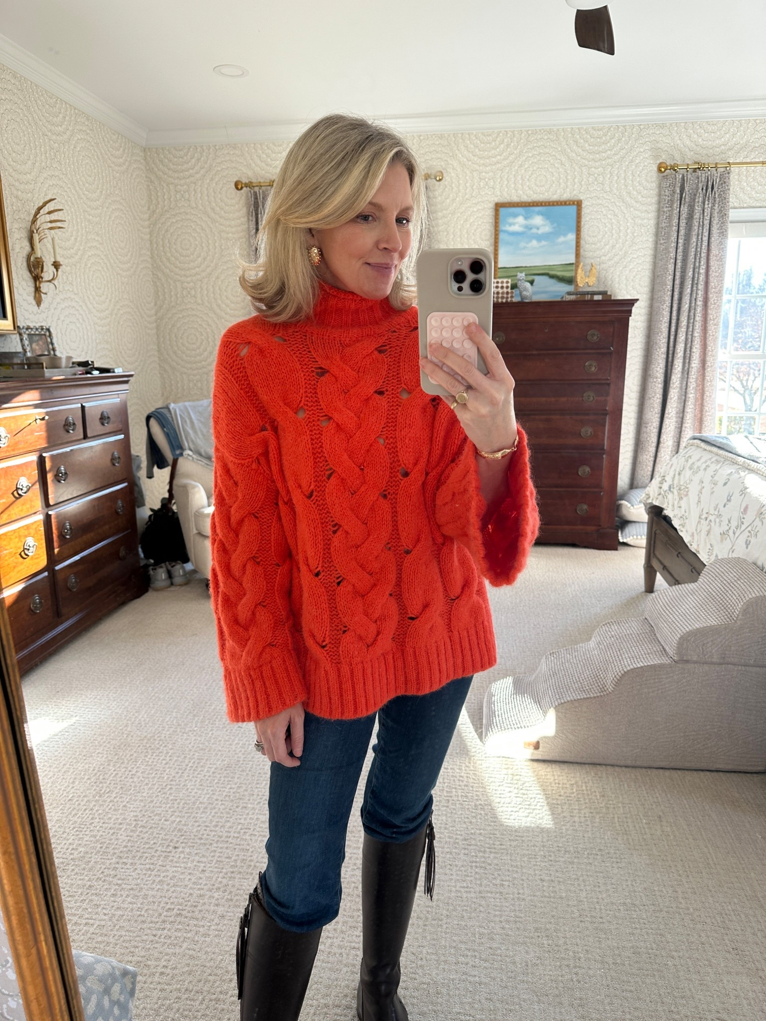 Sweater is over 60% off. It’s the most vibrant shade of orange in person and so cozy!