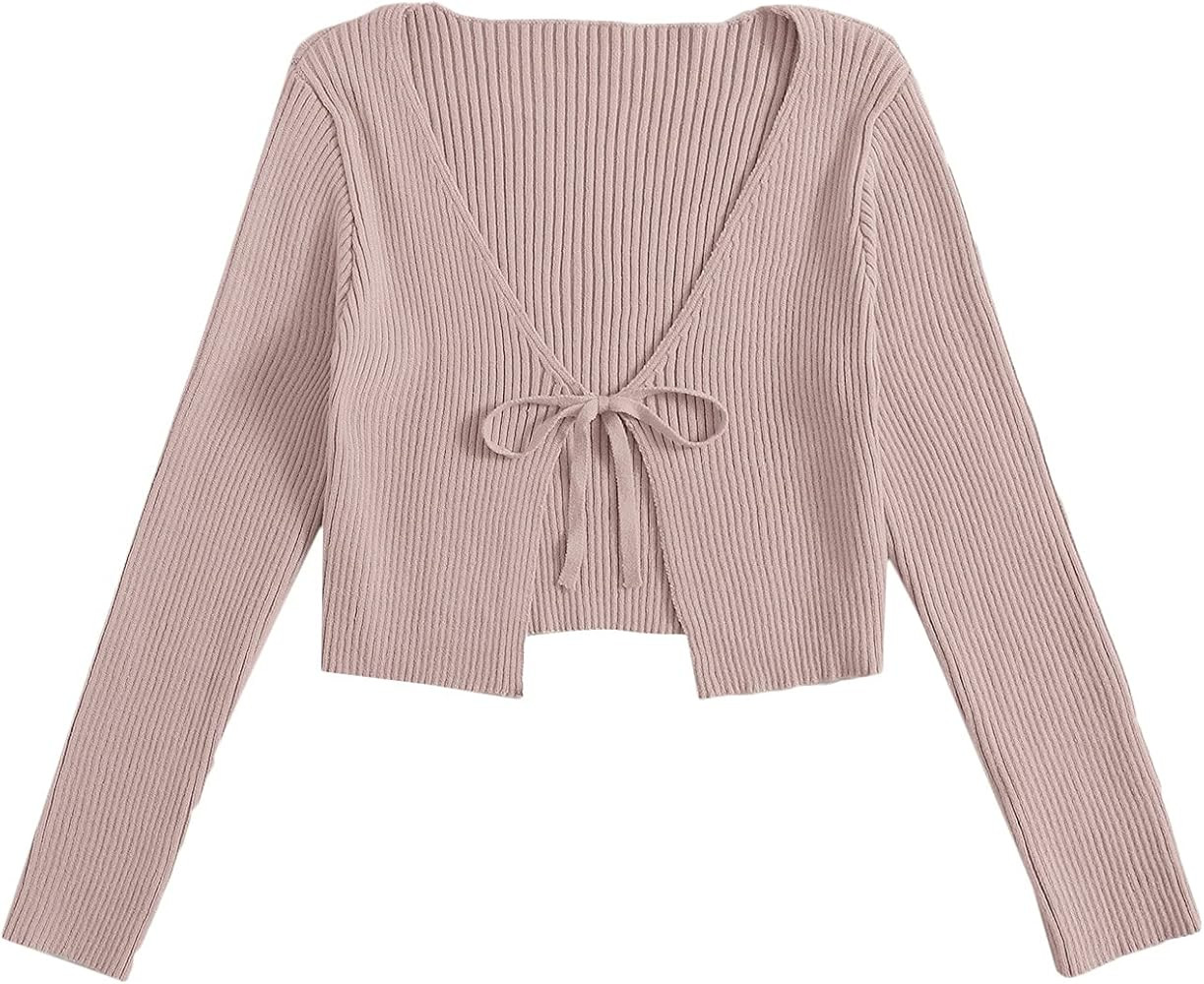Floerns Women's Tie Front Long Sleeve Rib Knit Shrug Sweaters Cardigan Crop Top | Amazon (US)