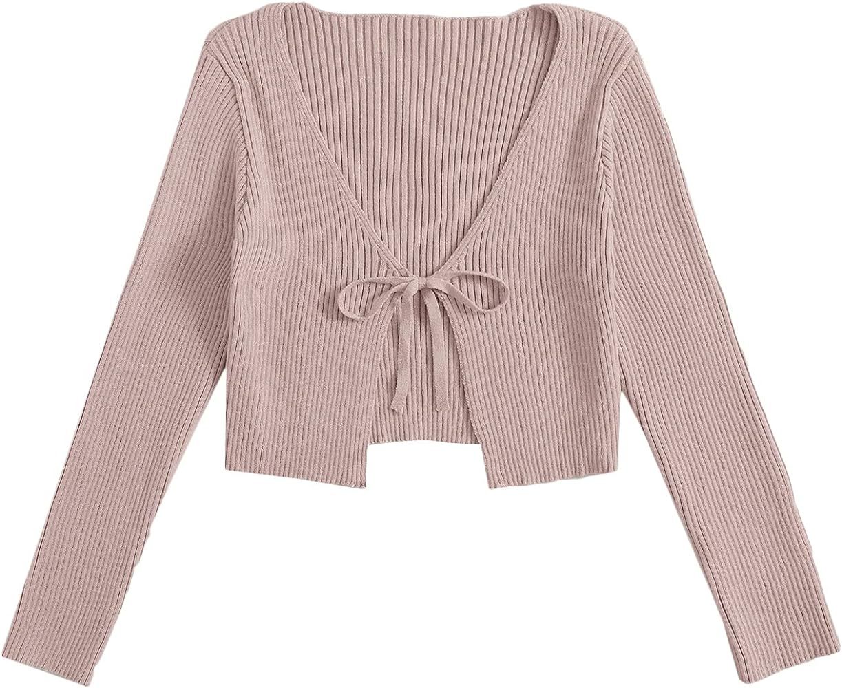 Floerns Women's Tie Front Long Sleeve Rib Knit Shrug Sweaters Cardigan Crop Top | Amazon (US)