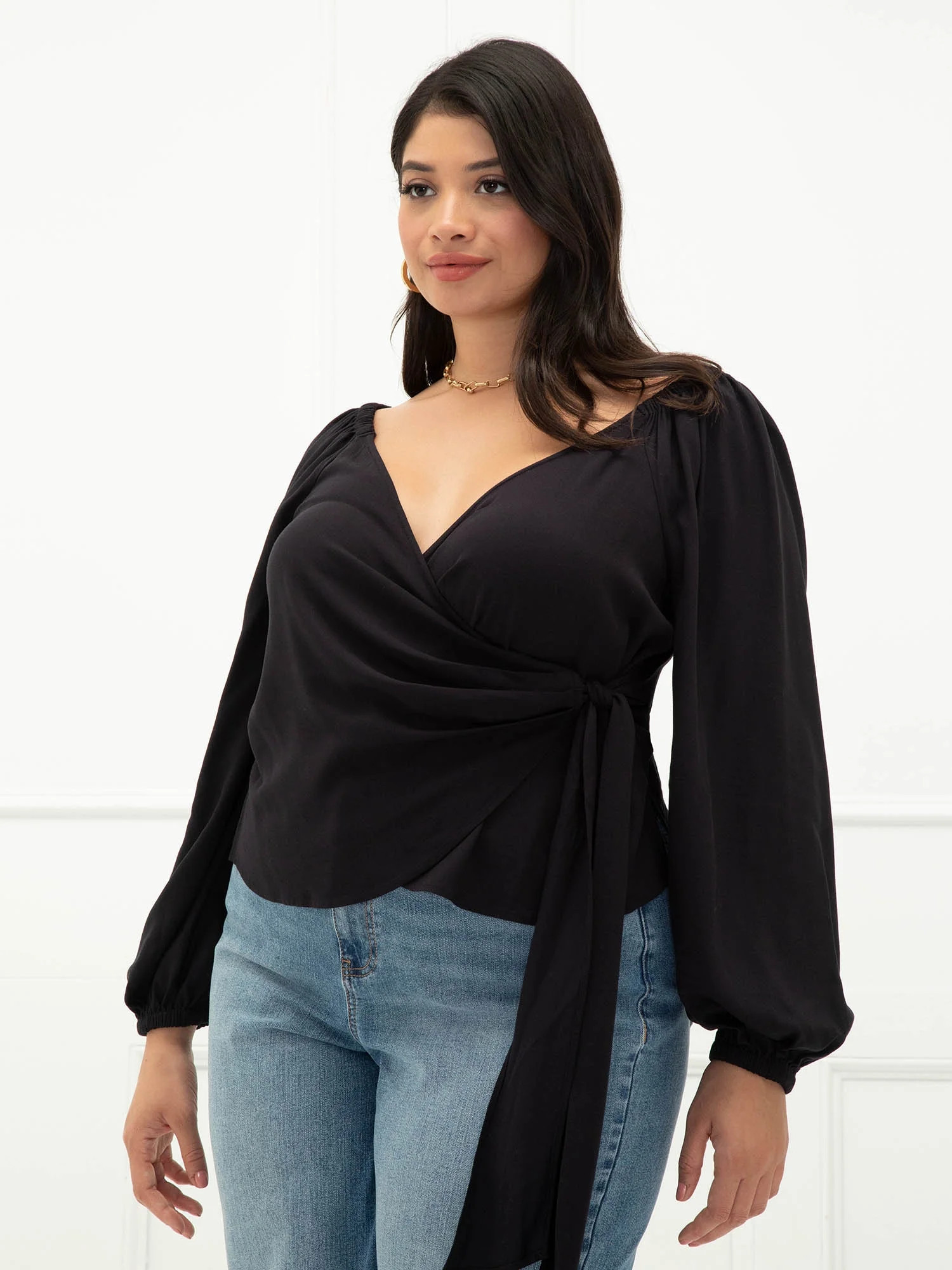 ELOQUII Elements Women's Plus Size Puff Sleeve Wrap Top - Walmart.com | Walmart (US)