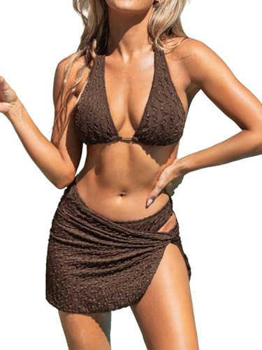 CUPSHE Women's Bikini Sets Three Piece Swimsuit V Neck Textured Halter Back Self Tie Twist Sarong Low Rise, XL Brown | Amazon (US)