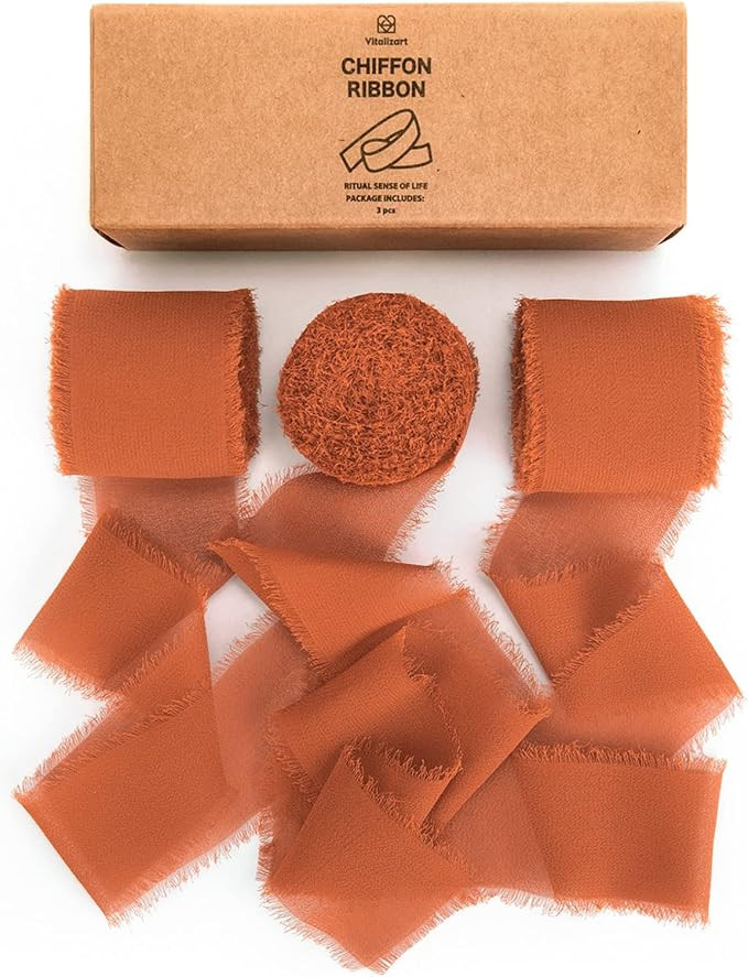 Vitalizart 3 Rolls Handmade Fringe Chiffon Silk Ribbon 1.5" x 7Yd Terracotta Ribbons Set for Wedd... | Amazon (US)