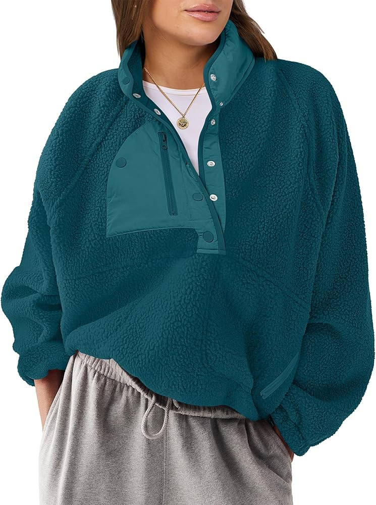 ANRABESS Women Fleece Sherpa Pullover Sweatshirt Cropped Loose Fuzzy Jacket Soft Button Down Wint... | Amazon (US)
