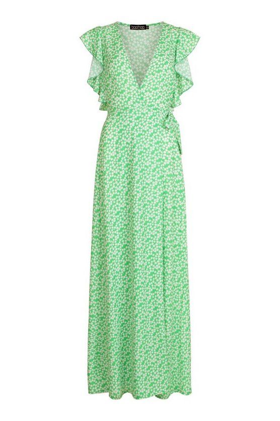 Floral Print Woven Ruffle Sleeve Wrap Maxi Dress | Boohoo.com (US & CA)