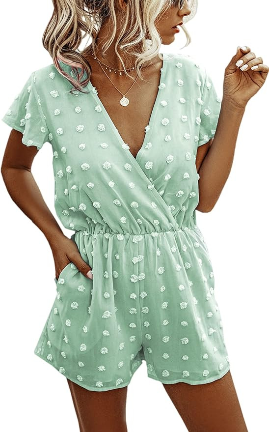 Angashion Women’s Rompers-Summer Deep V Neck Wrap Floral Polka Dot Short Sleeve Beach Short Jum... | Amazon (US)
