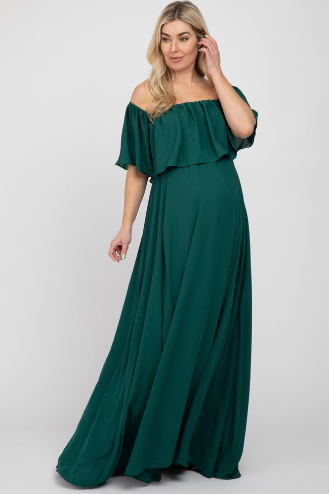 Forest Green Chiffon Off Shoulder Maternity Gown | PinkBlush Maternity