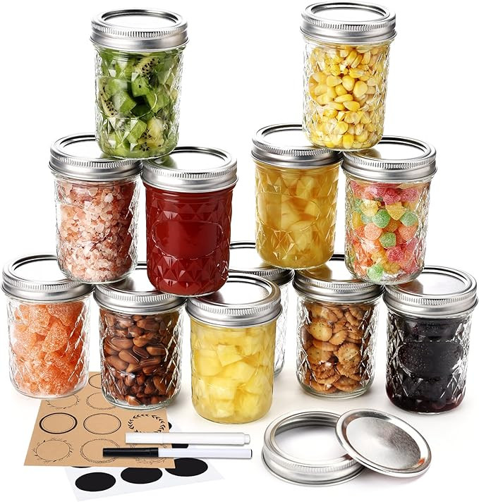 Mason Jars with Lids, 8 Oz Glass Regular Mouth Canning Jars, Small Quilted Crystal Jars for Jelly... | Amazon (CA)