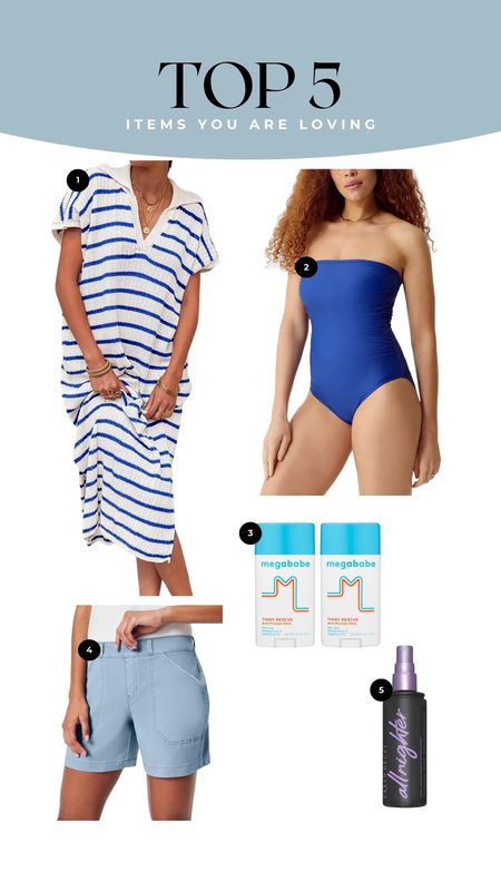 Top 5 items you are loving this week - dress, swimsuit, thigh rescue megababe, Spanx twill shorts (use code CARALYN10), makeup setting spray. 

#LTKmidsize #LTKbeauty #LTKstyletip