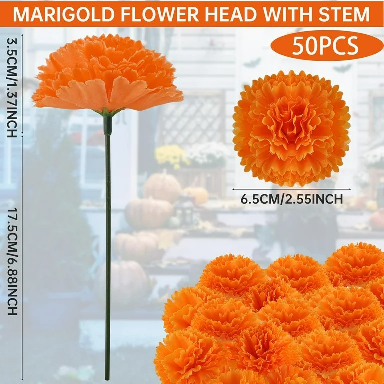 50Pcs Artificial Marigold Flower Heads, Silk Marigold Heads Bulk Fake Flowers for Dia De Los Muer... | Walmart (US)
