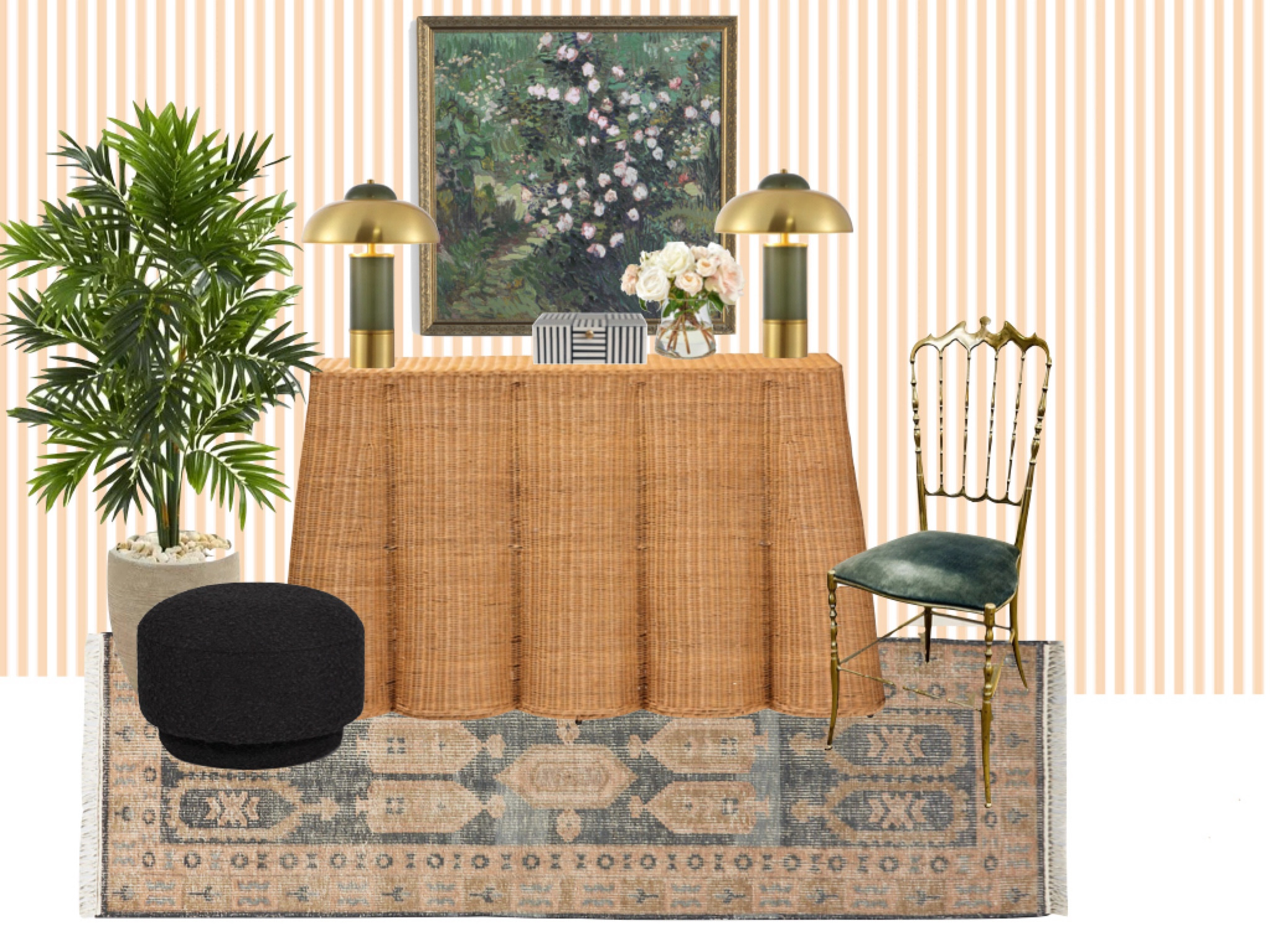 Entryway moodboard 🖤

Striped wallpaper, rattan table, rug runner, chiavari vintage chair, Etsy finds, affordable art, pair of lamps, vintage floral art 

#LTKHome