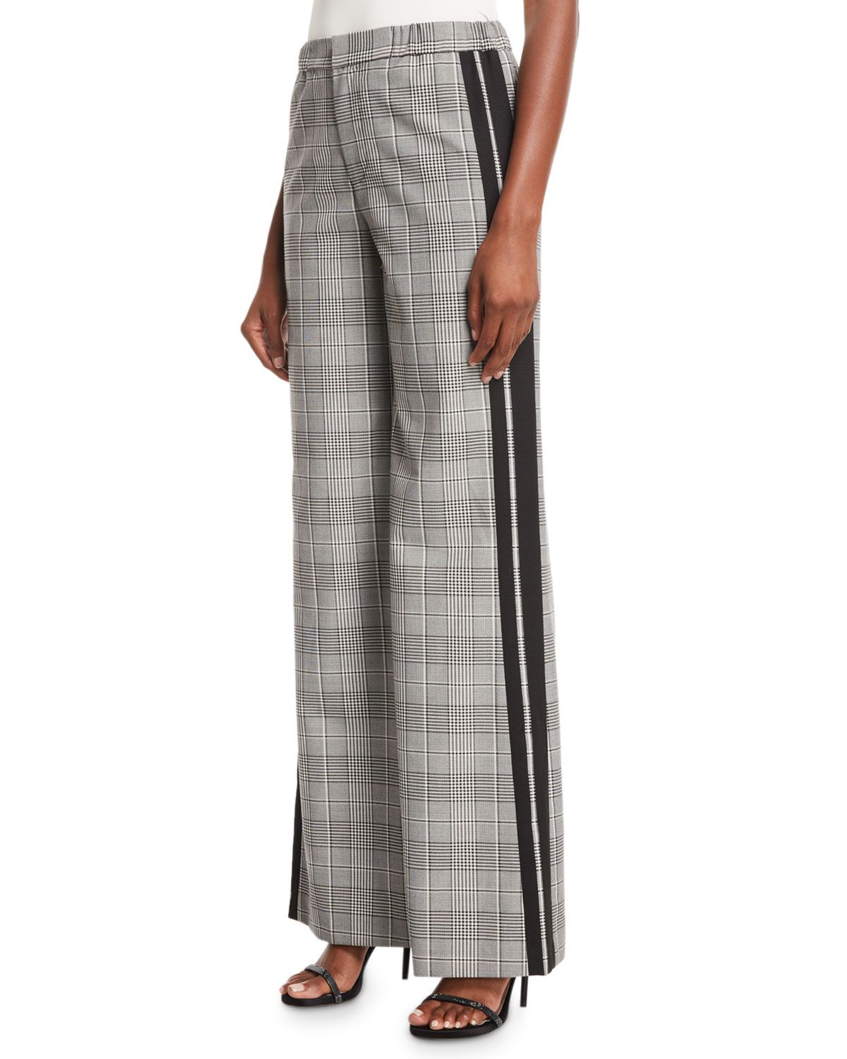 Bo Side-Stripe Wide-Leg Plaid Pull-On Pants | Neiman Marcus