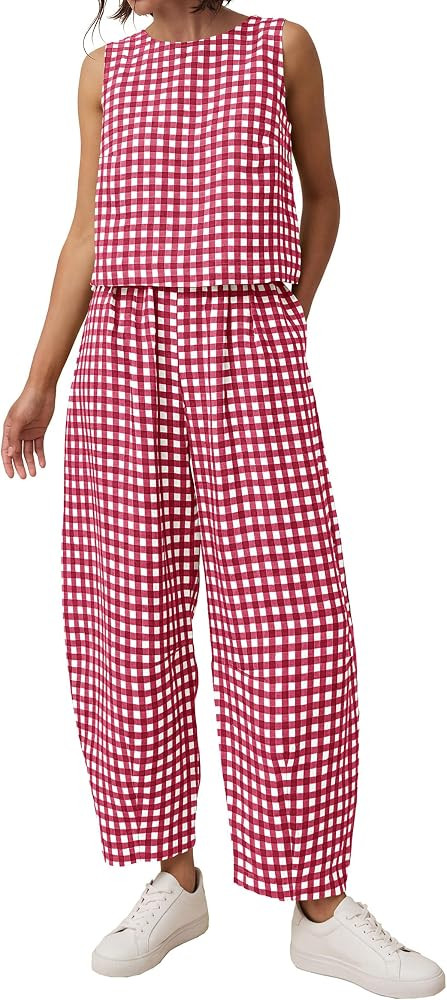 PRETTYGARDEN Womens 2 Piece Sets 2026 Summer Plaid Sleeveless Tops Wide Leg Pants Matching Lounge... | Amazon (US)