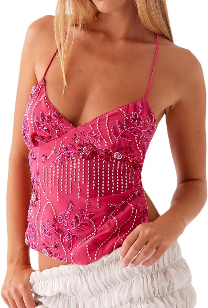 Polka Dot/Plaid Babydoll Tank Top for Women Y2k Spaghetti Strap Lace Trim Crop Cami Top Summer Go... | Amazon (US)