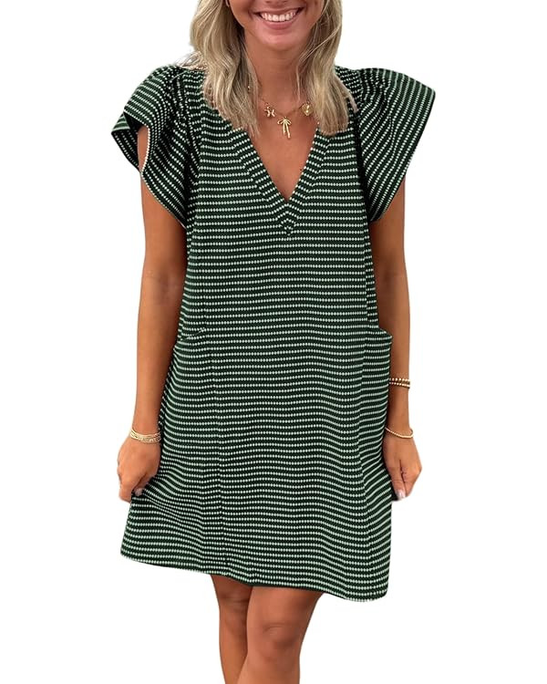 Striped V-Neck Mini Dress for Women Puff Sleeve Casual Dress with Pockets, Comfortable & Stylish ... | Amazon (US)