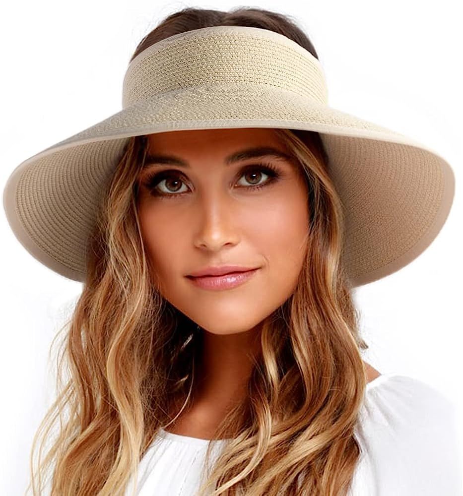 FURTALK Sun Visor Hats for Women Wide Brim Straw Roll Up Ponytail Summer Beach Hat UV UPF Packable F | Amazon (US)