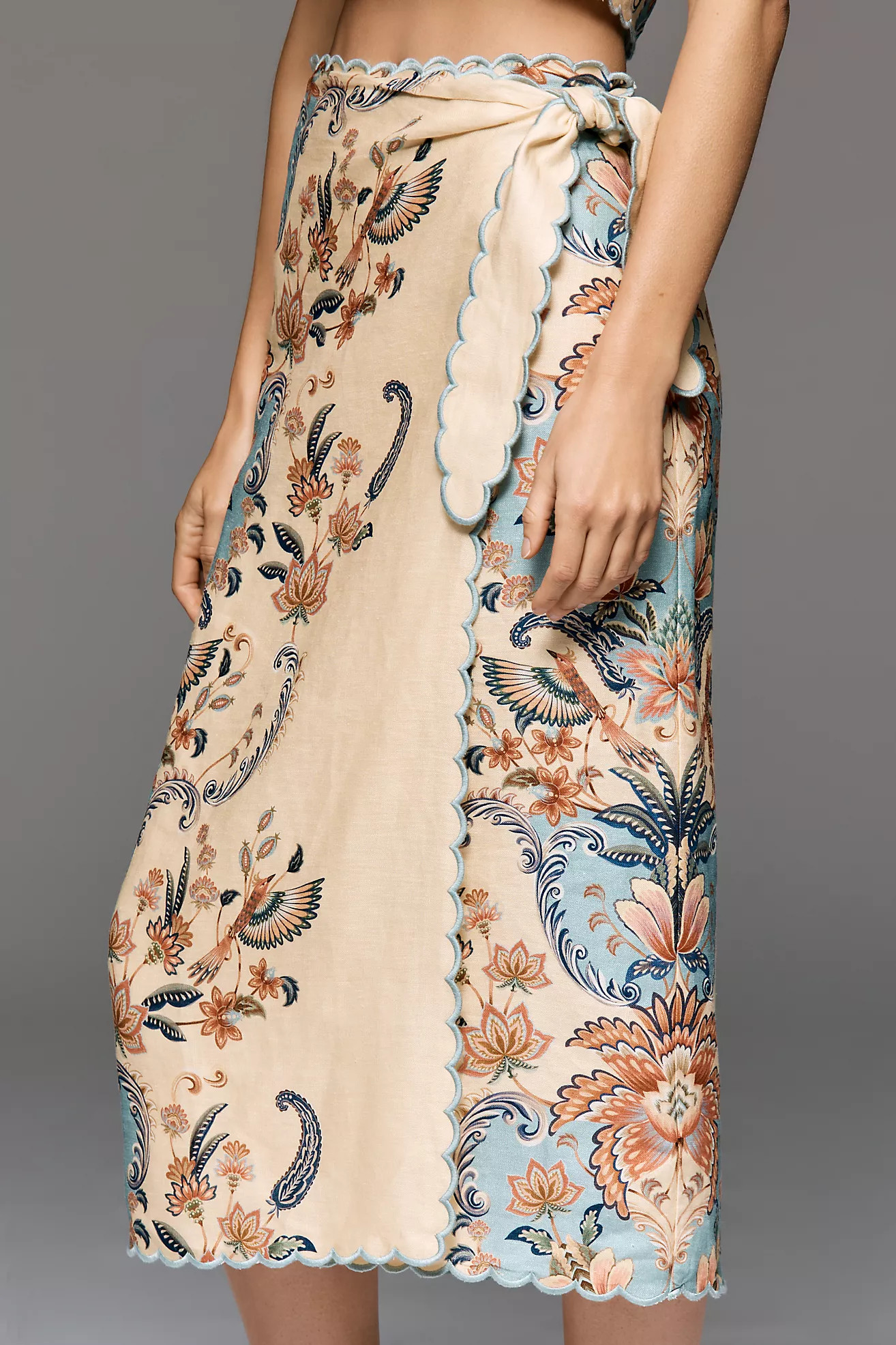 Farm Rio Scalloped Linen Midi Skirt | Anthropologie (US)