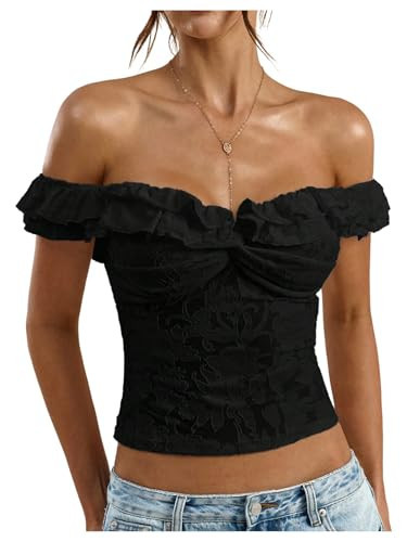 OYOANGLE Women's Lace Off The Shoulder Top Sexy Mesh Ruffle Top Shirt Black | Amazon (US)