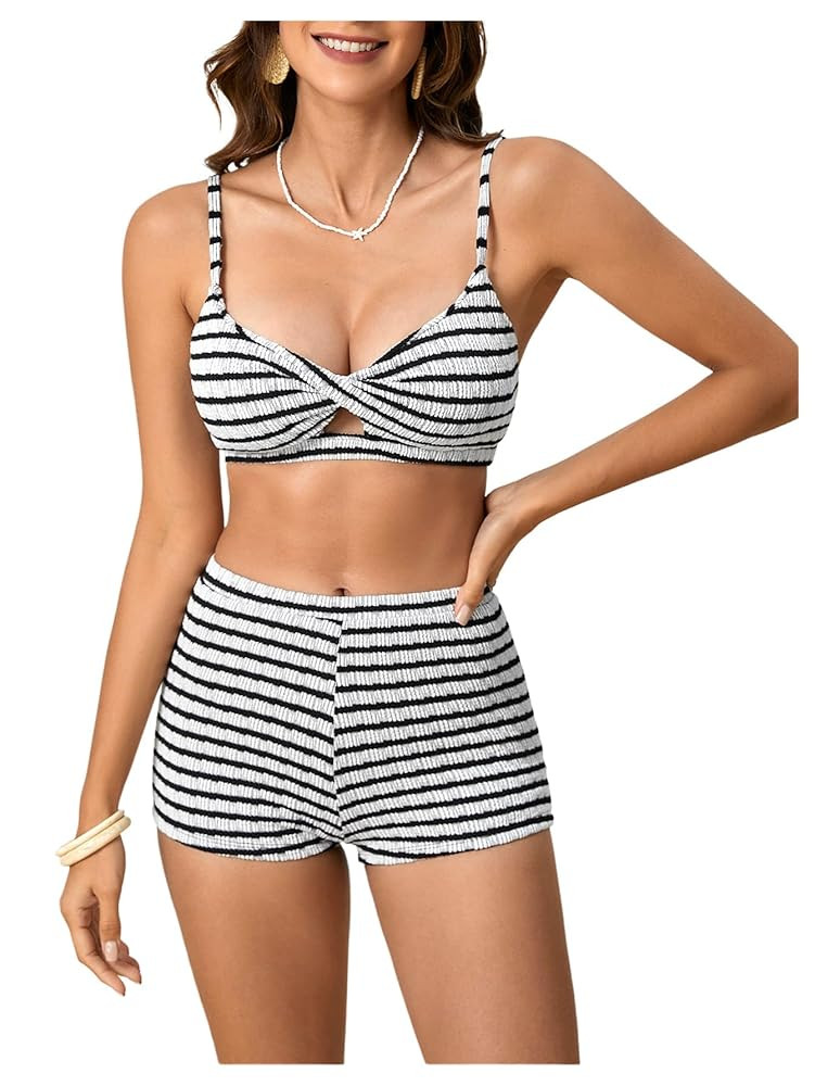 MakeMeChic Women's Striped Bikini Set Twist Front Tummy Control Bathing Suit with Boyshorts | Amazon (US)