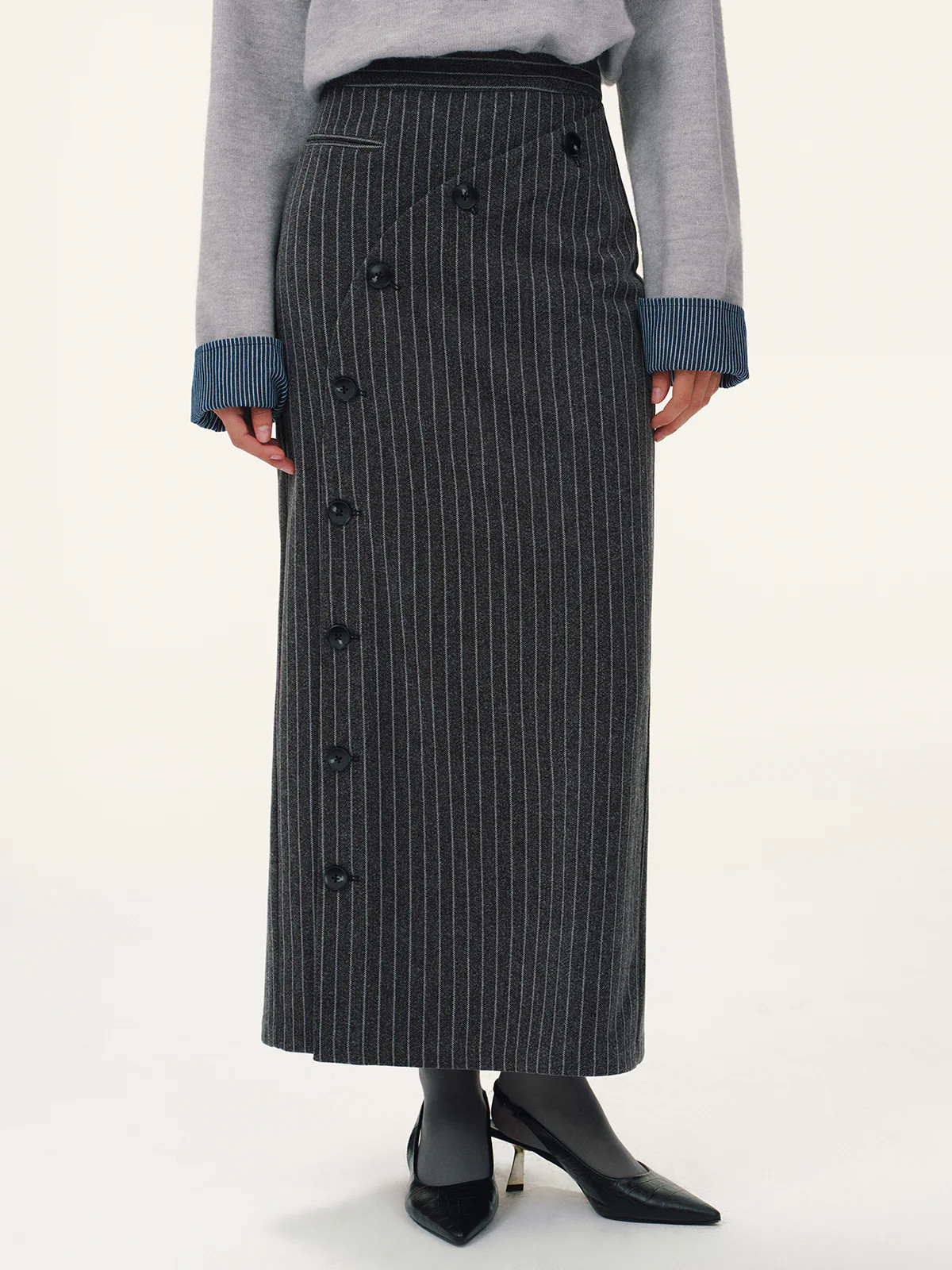 Asymmetric Button Striped Maxi Skirt | Commense